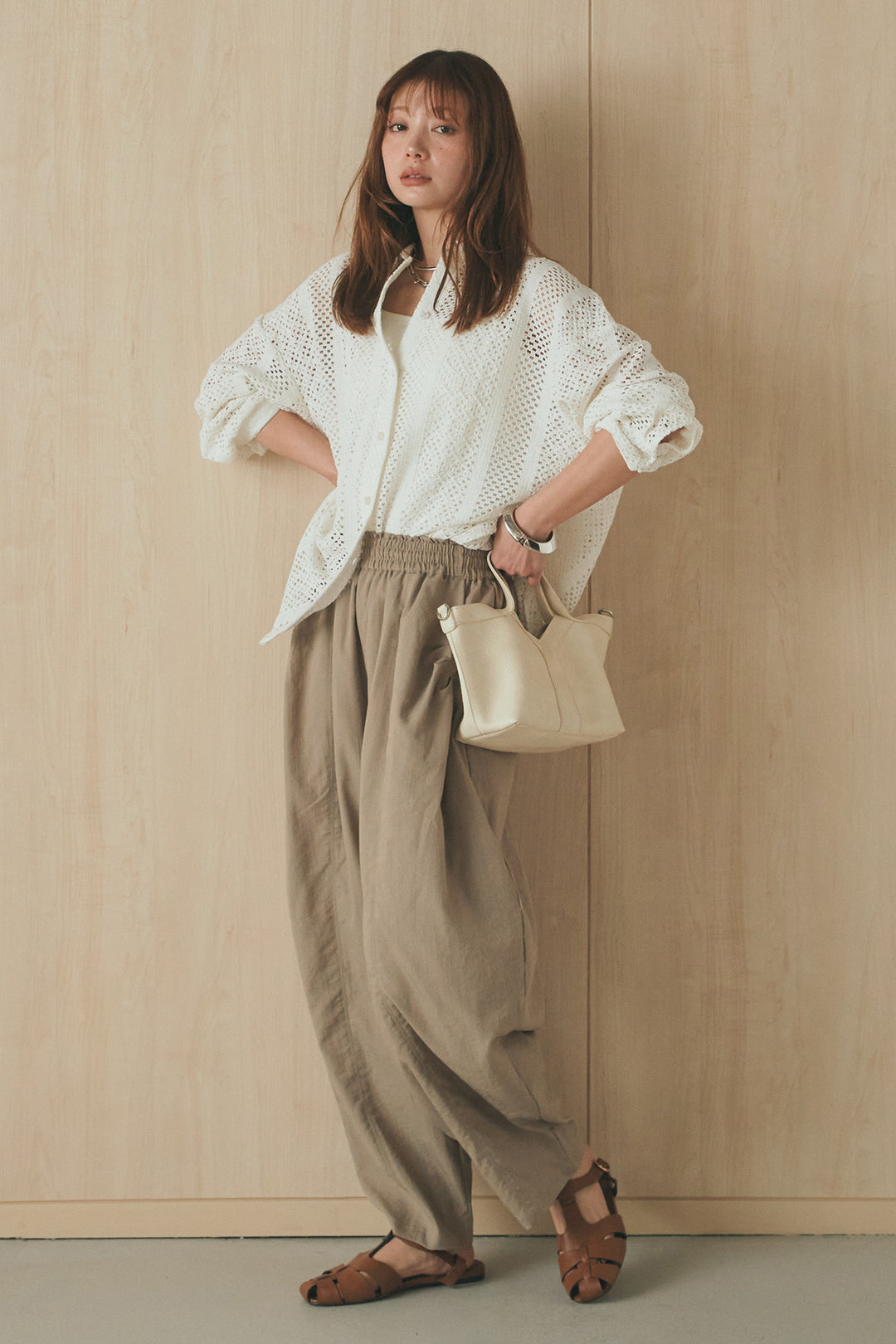 [SET]長袖襟付きレースシャツ+ポケットタックフォルムパンツ(2set)