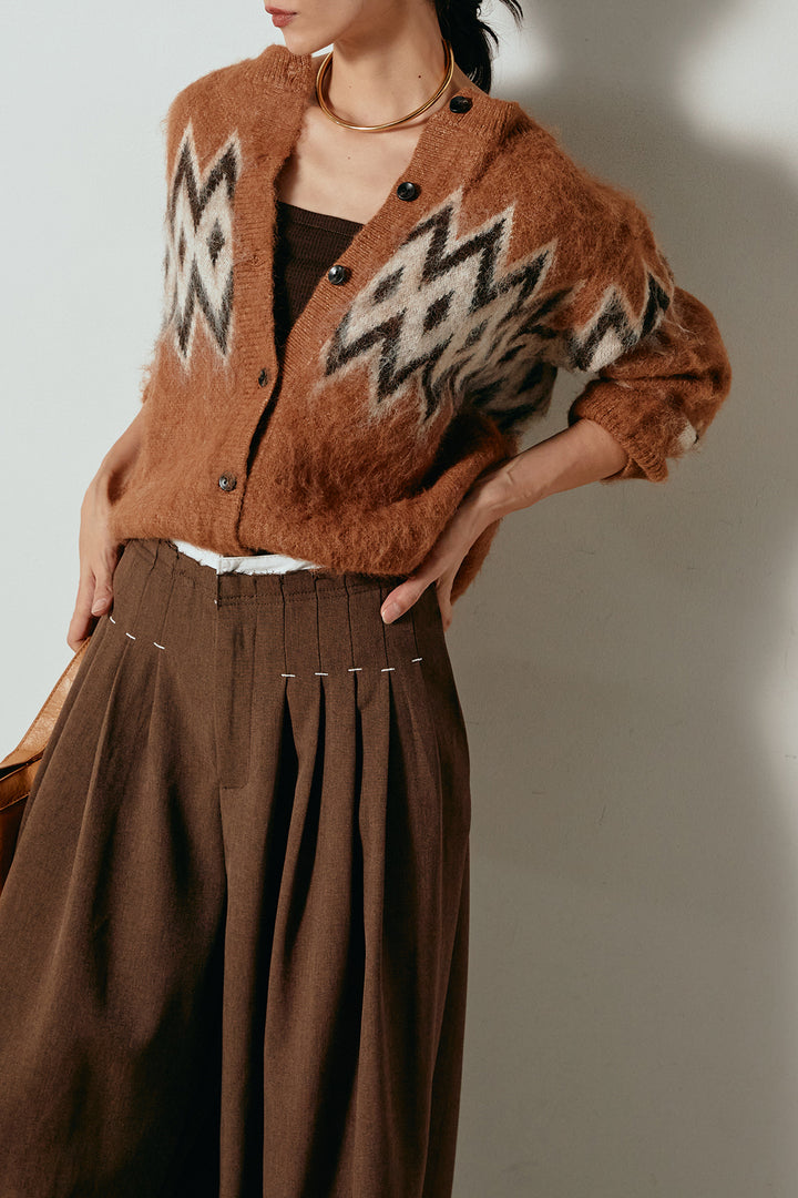 [SET]起毛ノルディック柄ニットカーディガン+ウエストステッチデザインワイドスラックス(2set)