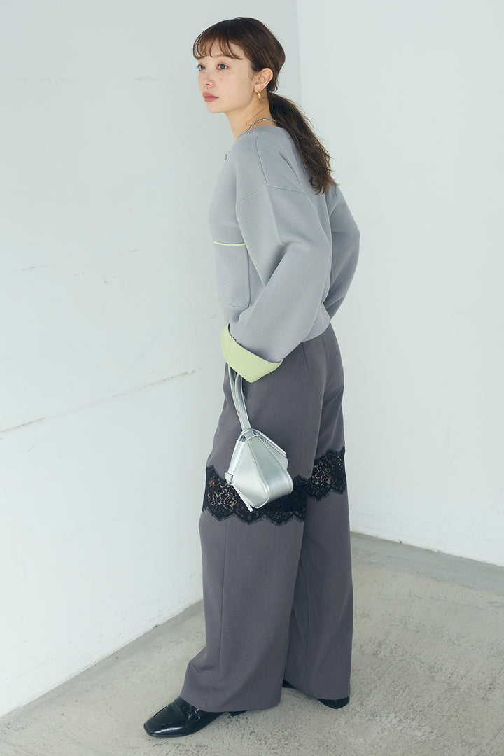 [SET]レーヨンポリダブルフェイスカーディガン+レース刺繍切替ワイドパンツ(2set)