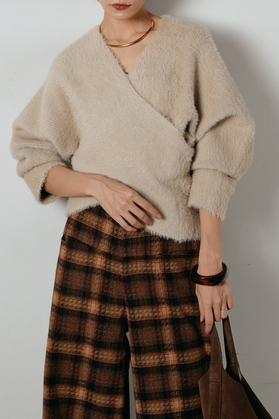 [SET]シャギーカシュクールニットトップス+ルーズタータンチェックワイドパンツ(2set)