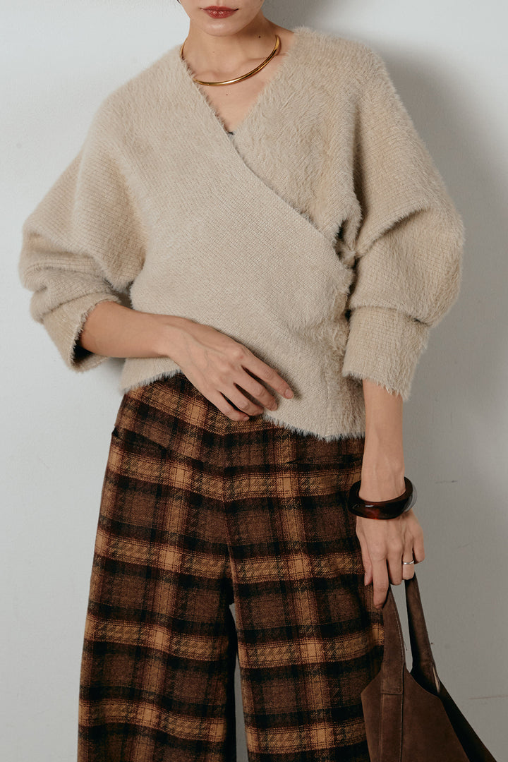 [SET]シャギーカシュクールニットトップス+ルーズタータンチェックワイドパンツ(2set)
