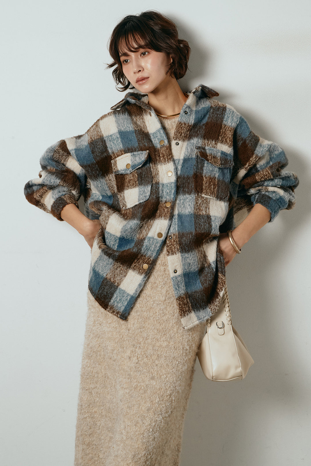 [SET]起毛チェック柄ポケットアウター+起毛ノースリーブニットロングワンピース(2set)