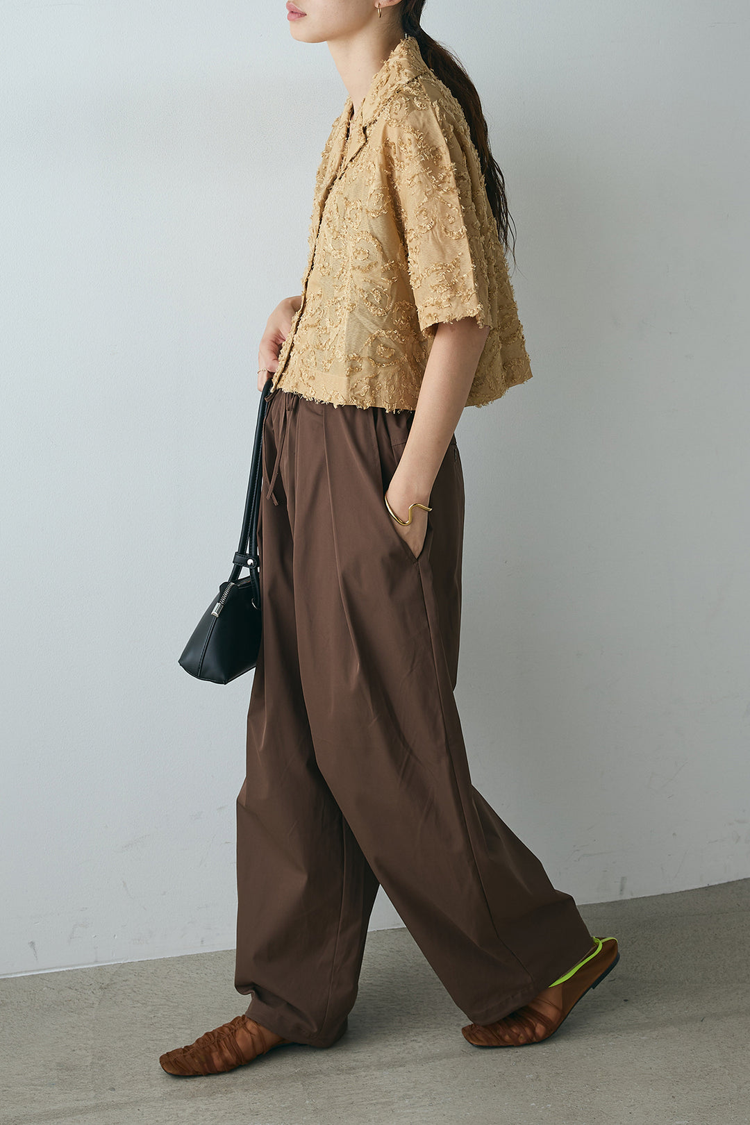 [SET]半袖オープンカラージャガード柄シャツ+タックワイドリラックスパンツ(2set)