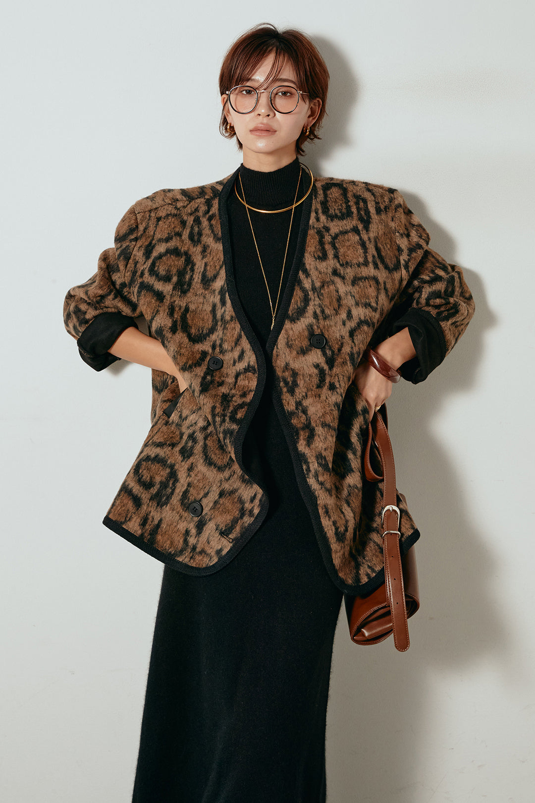 [SET]ノーカラーレオパード柄アウター+ノースリーブニットロングワンピース(2set)