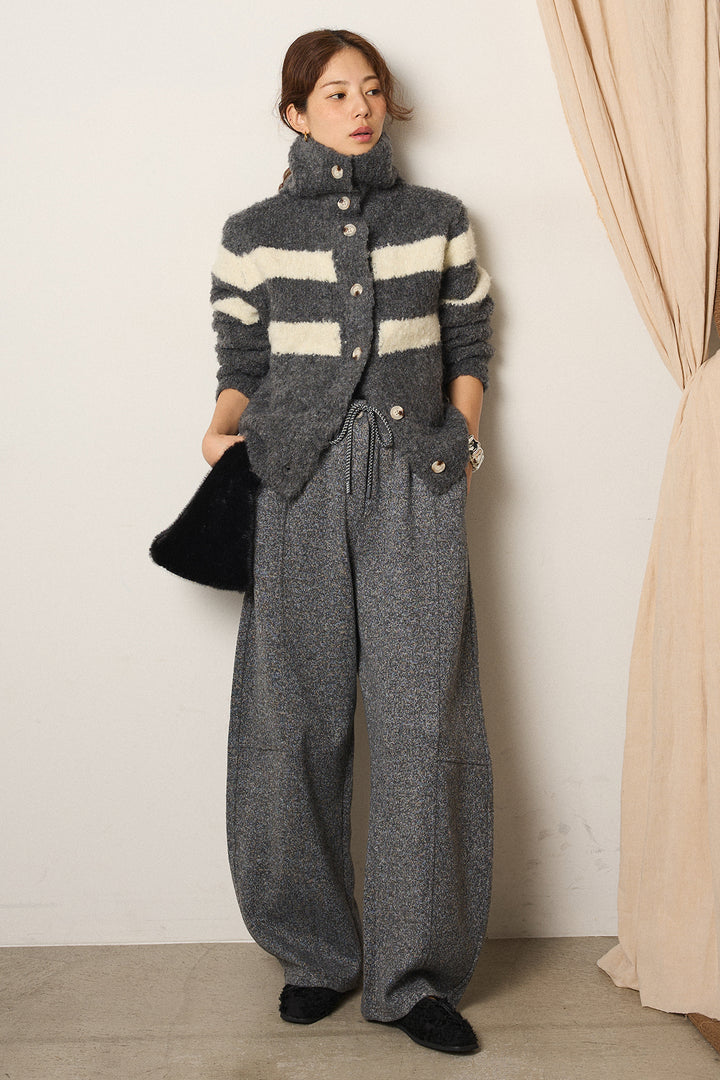 [SET]ハイネックボーダーニットカーディガン+杢ニットフレアパンツ(2set)