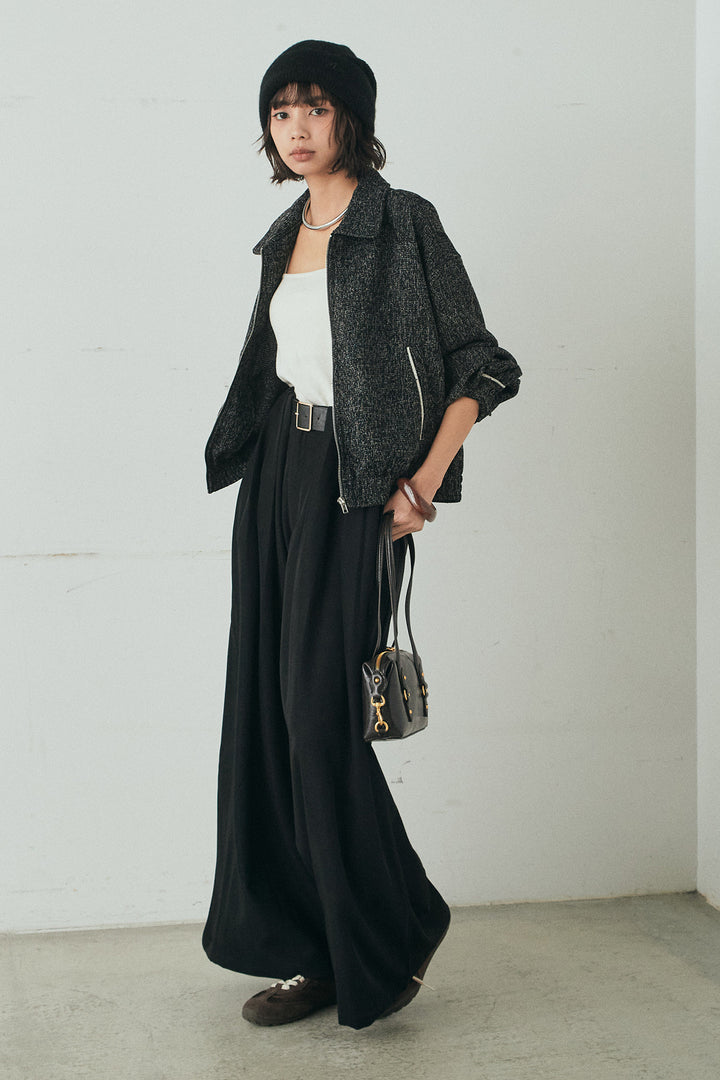 [SET]ツイード配色パイピングブルゾン+ベルト付きタックデザインハイウエストロングパンツ(2set)