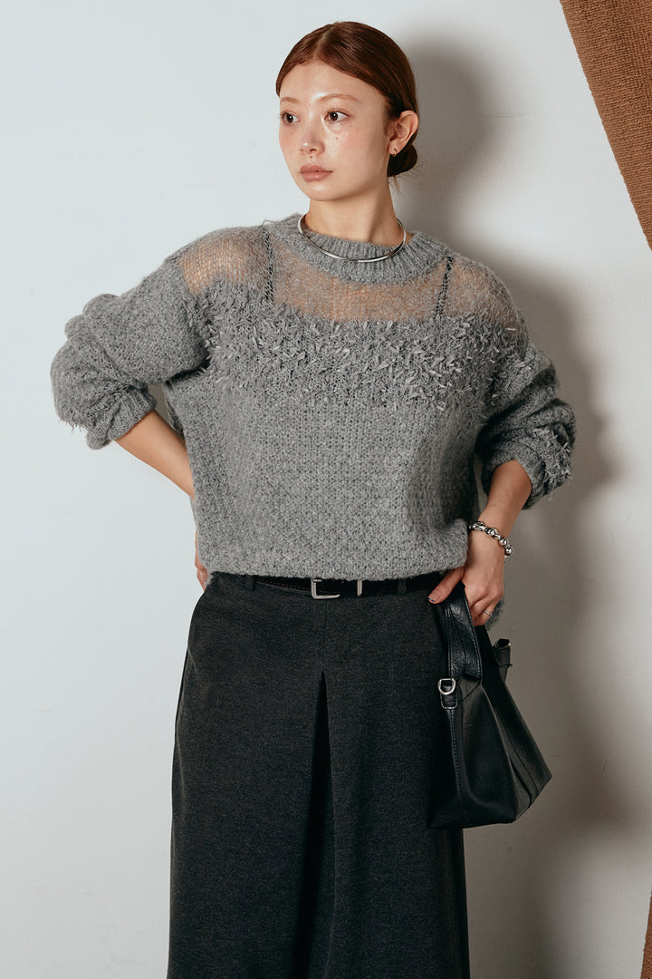 [SET]パターンランダム編みニットトップス+ベルト付きフロントタックデザインパンツ(2set)