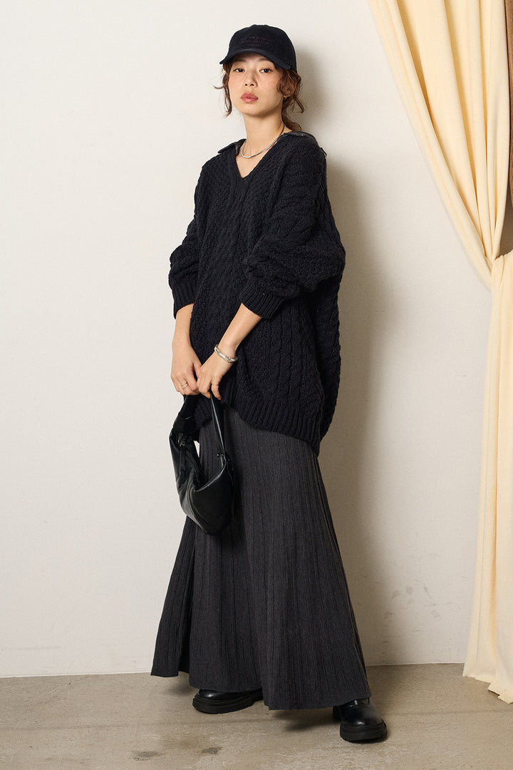 [SET]デニムカラーケーブルオーバーニット+編み地切り替えフレアニットスカート(2set)