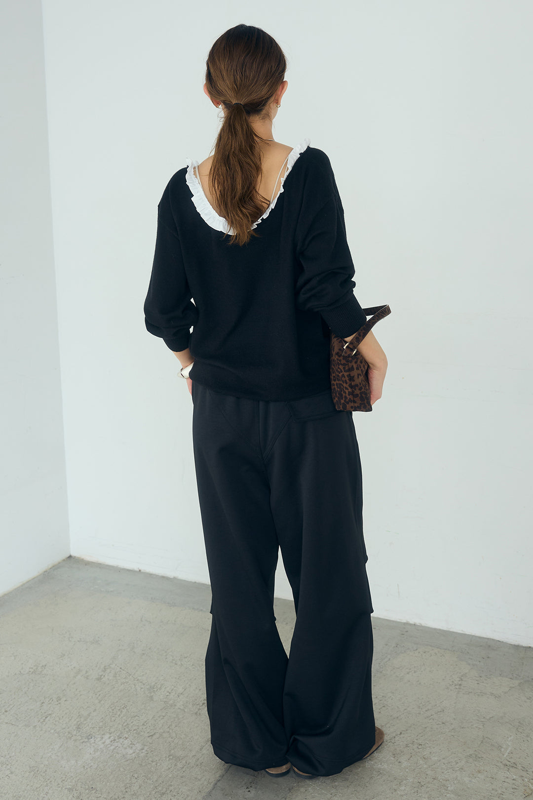 [SET]クールクール異素材コンビオフショルプルオーバー+ランダムタックデザインワイドパンツ(2set)