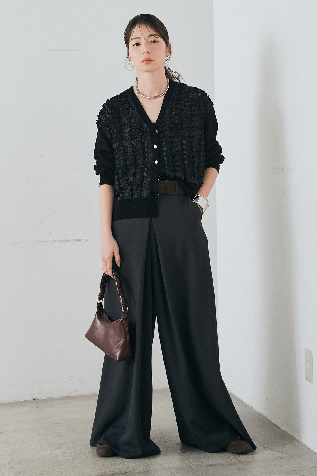 [SET]モコレースVネックカーディガン+太ベルト付きフロントタックパンツ(2set)