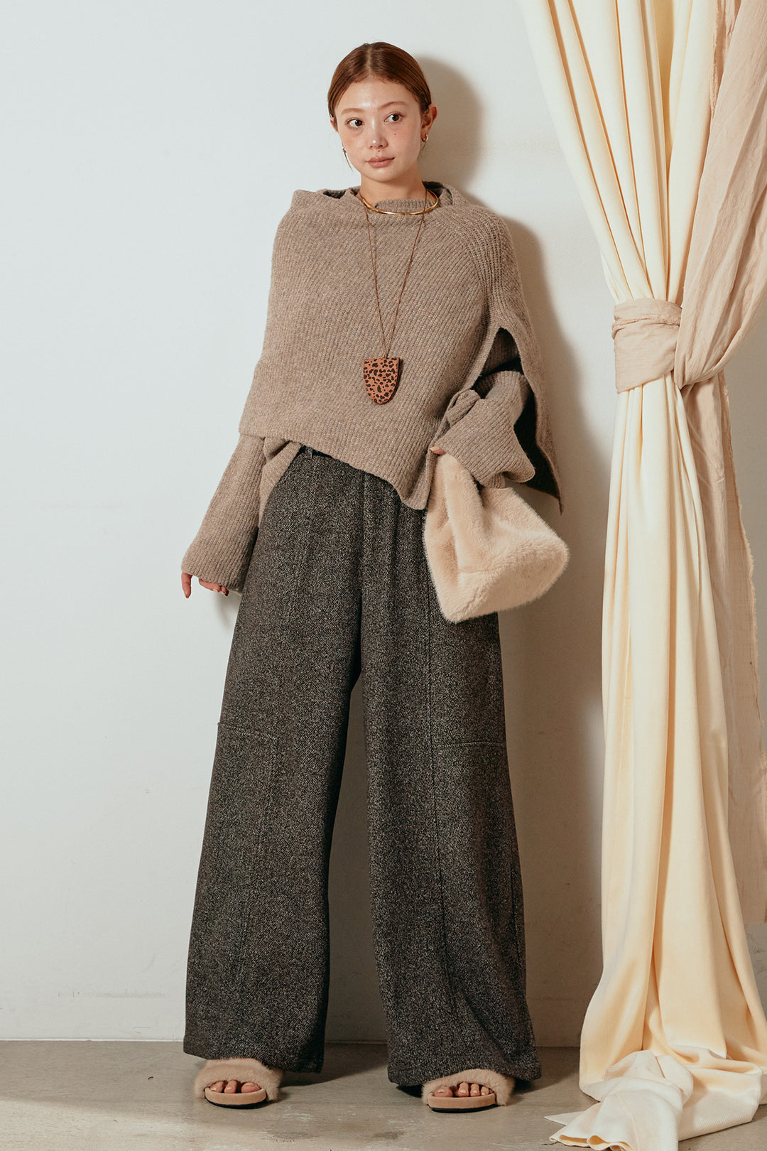 [SET]ケープデザインリブニットトップス+太ベルト付きツイードワイドパンツ(2set)