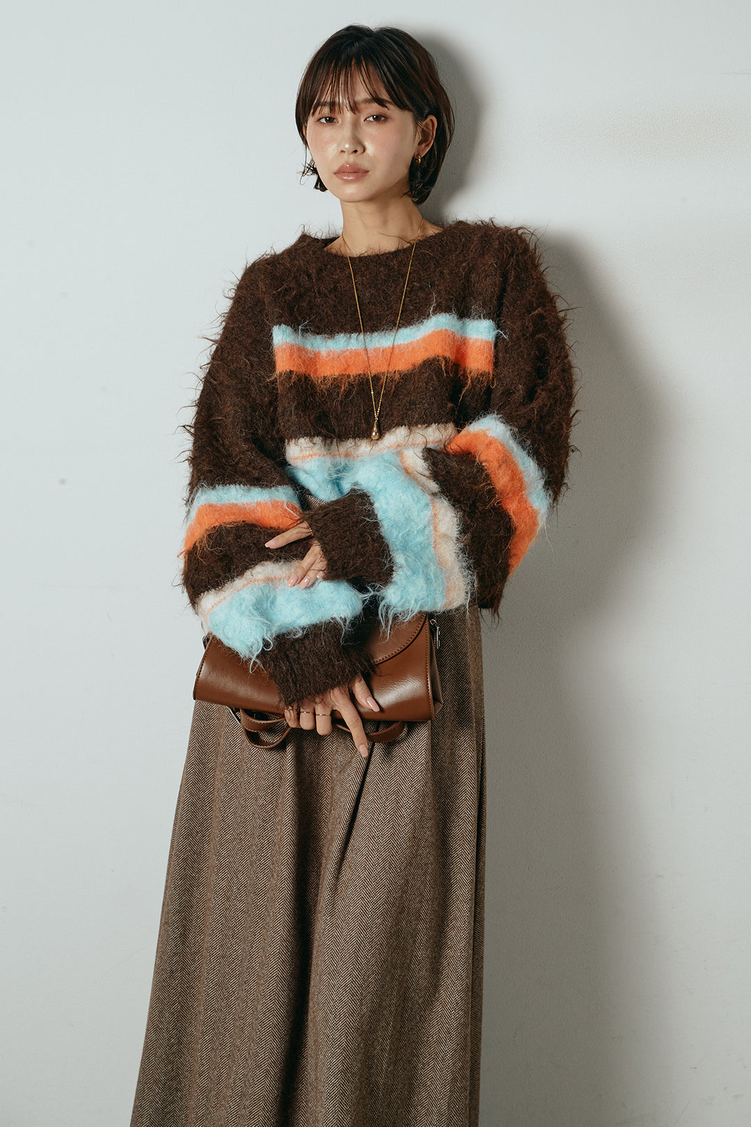 [SET]起毛配色マルチボーダーニットトップス+太ベルト付きヘリンボーンプリーツスカート(2set)