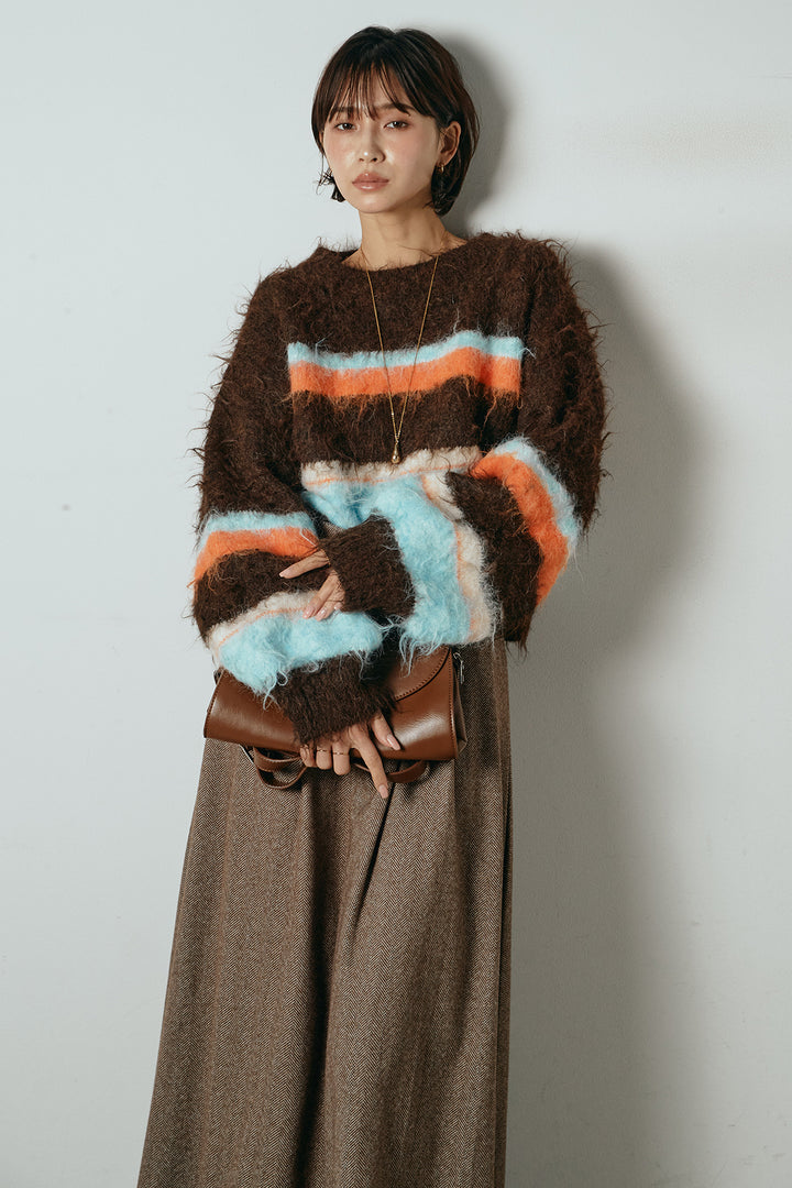 [SET]起毛配色マルチボーダーニットトップス+太ベルト付きヘリンボーンプリーツスカート(2set)