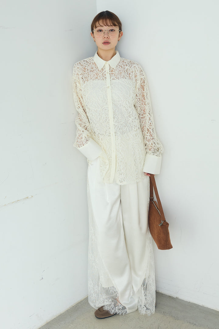 [SET]刺繍レースオーバーサイズシャツ+サテンレース切り替えタックパンツ(2set)