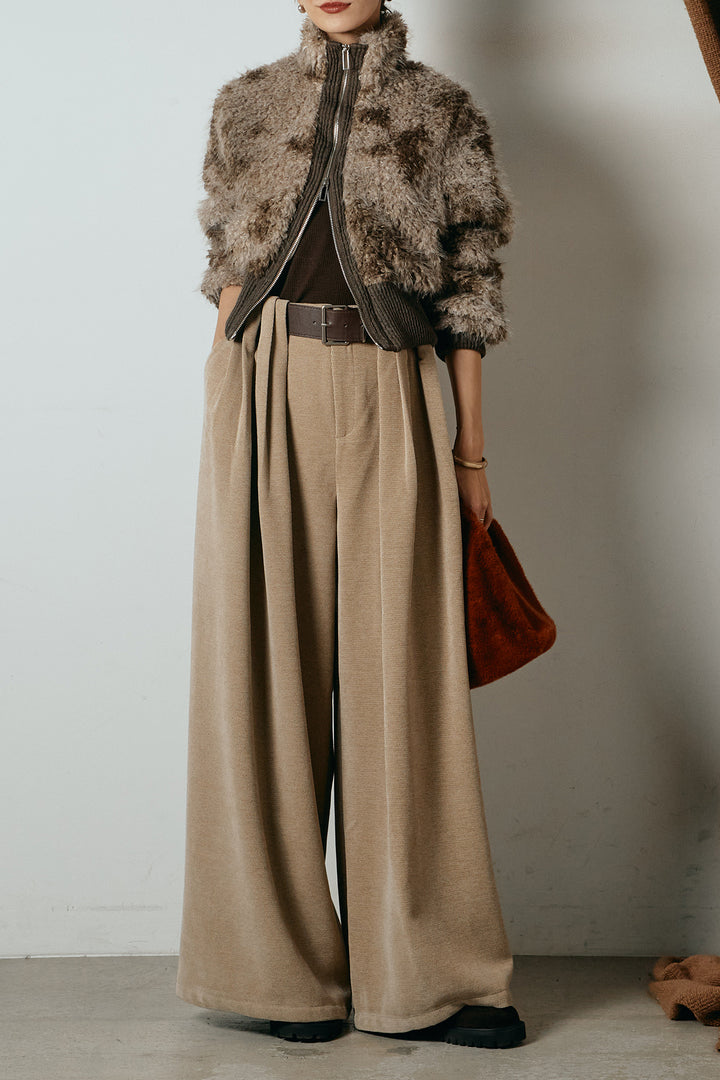 [SET]エコファースタンドカラーニュアンス柄ブルゾン+ベルトループコーデュロイワイドパンツ(2set)