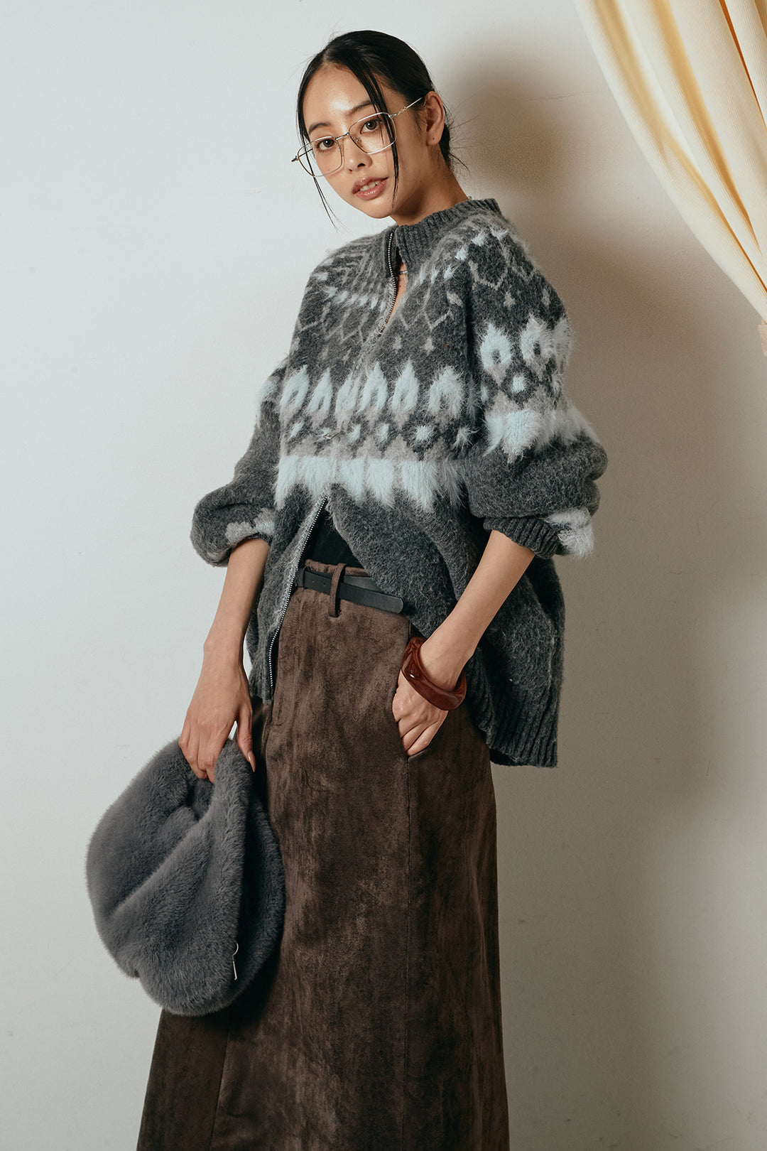 [SET]起毛ダブルジップパターンニットカーディガン+エコスウェードワイドスカート(2set)