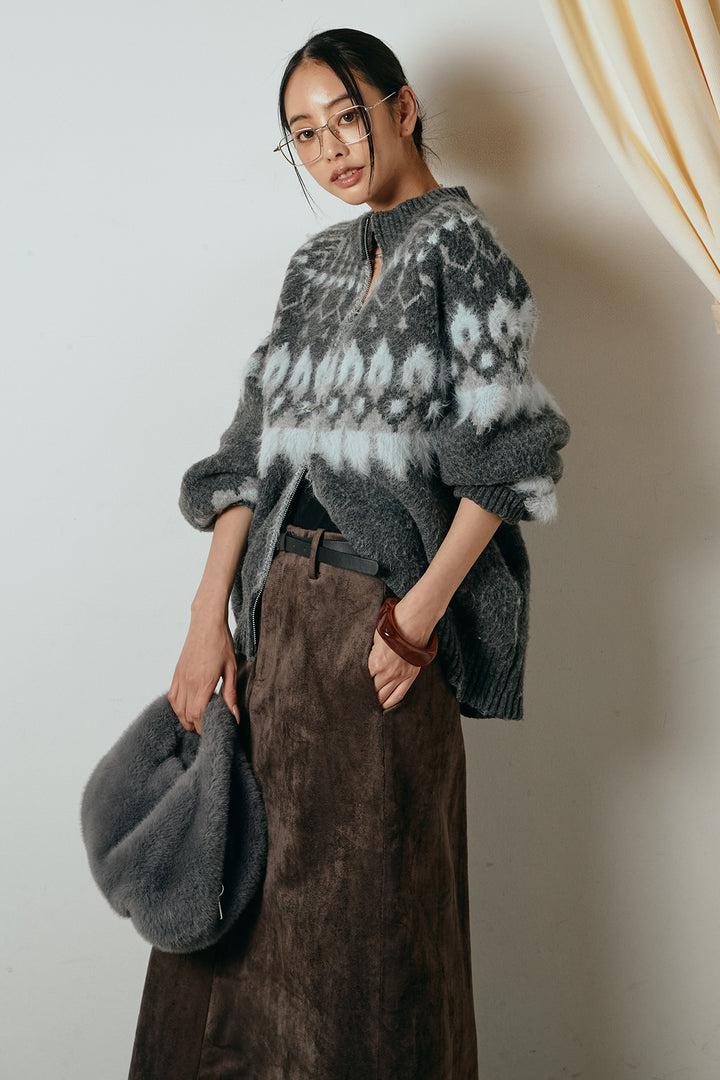 [SET]起毛ダブルジップパターンニットカーディガン+エコスウェードワイドスカート(2set)