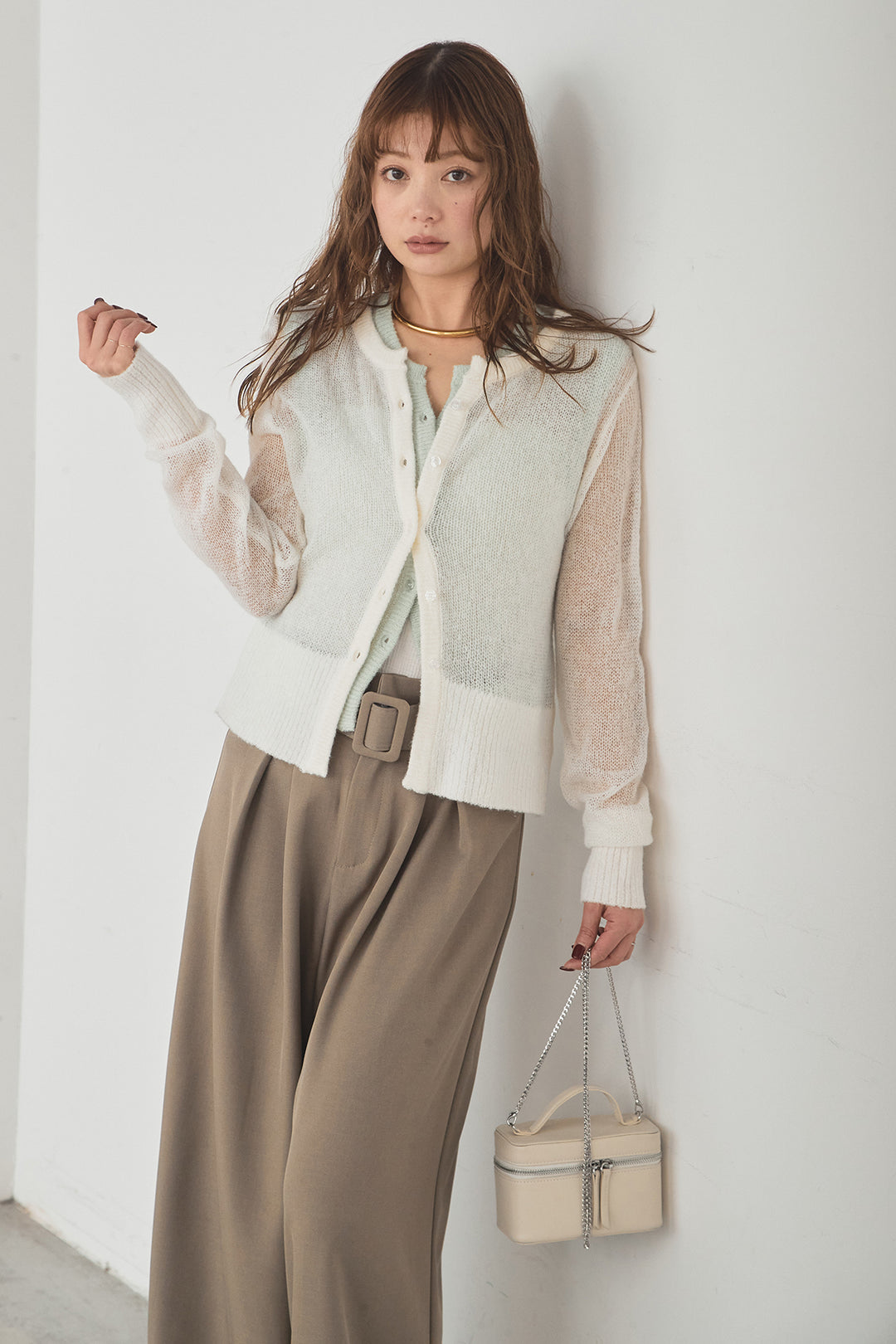 [SET]モヘア透かし編みレイヤードアンサンブルセット+ベルト付きツータックワイドパンツ(2set)