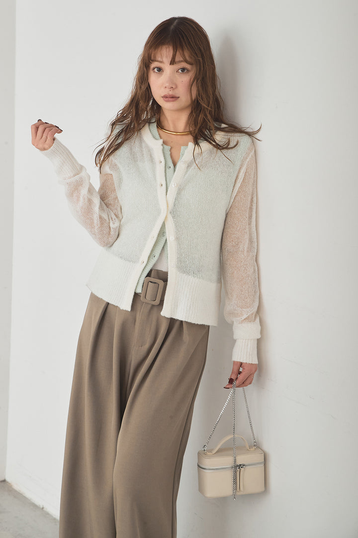 [SET]モヘア透かし編みレイヤードアンサンブルセット+ベルト付きツータックワイドパンツ(2set)