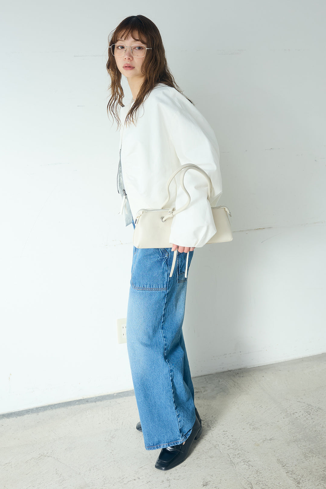 [SET]ノーカラーフロントギャザージップアウター+デニムサロペットワイドパンツ(2set)