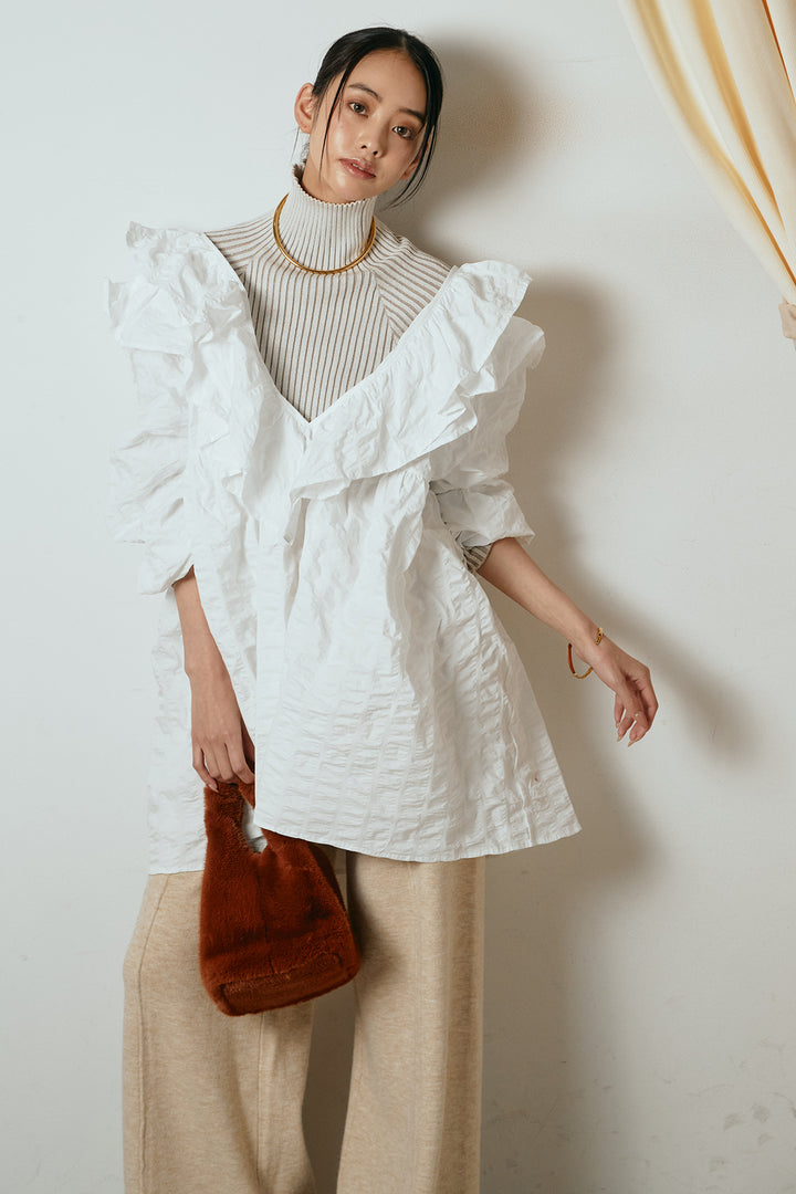 [SET]Vネックフリルカラーブラウス+リブニットシームレスタートルプルオーバー+センターラインニットパンツ(3set)