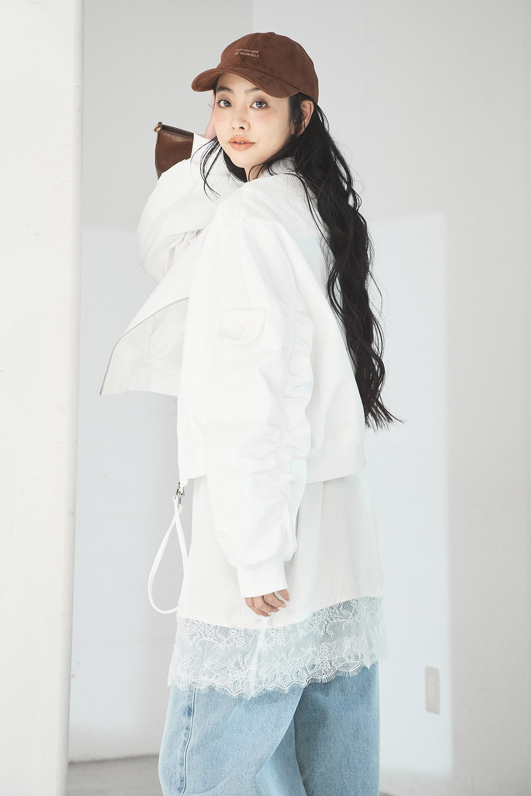 [SET]袖ギャザーデザインブルゾン+デニムアシメカーブパンツ(2set)