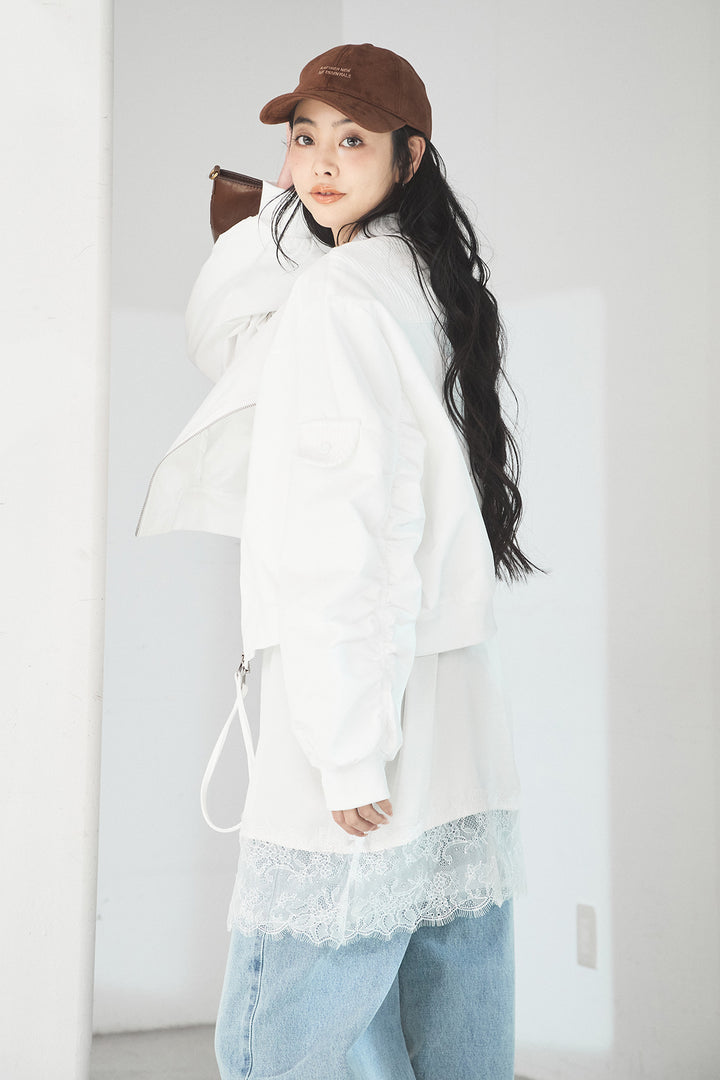 [SET]袖ギャザーデザインブルゾン+デニムアシメカーブパンツ(2set)