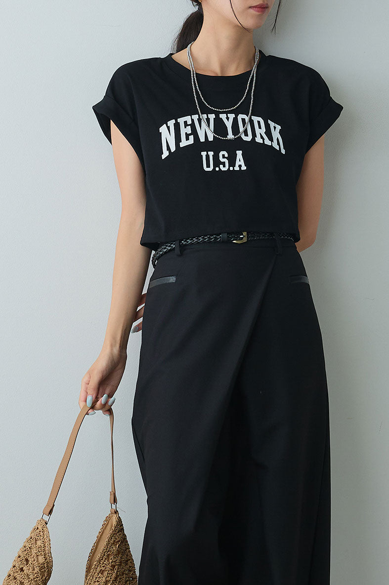 [SET]ショート丈NEWYORKロゴTシャツ+ベルト付きクロスデザインパンツ(2set)