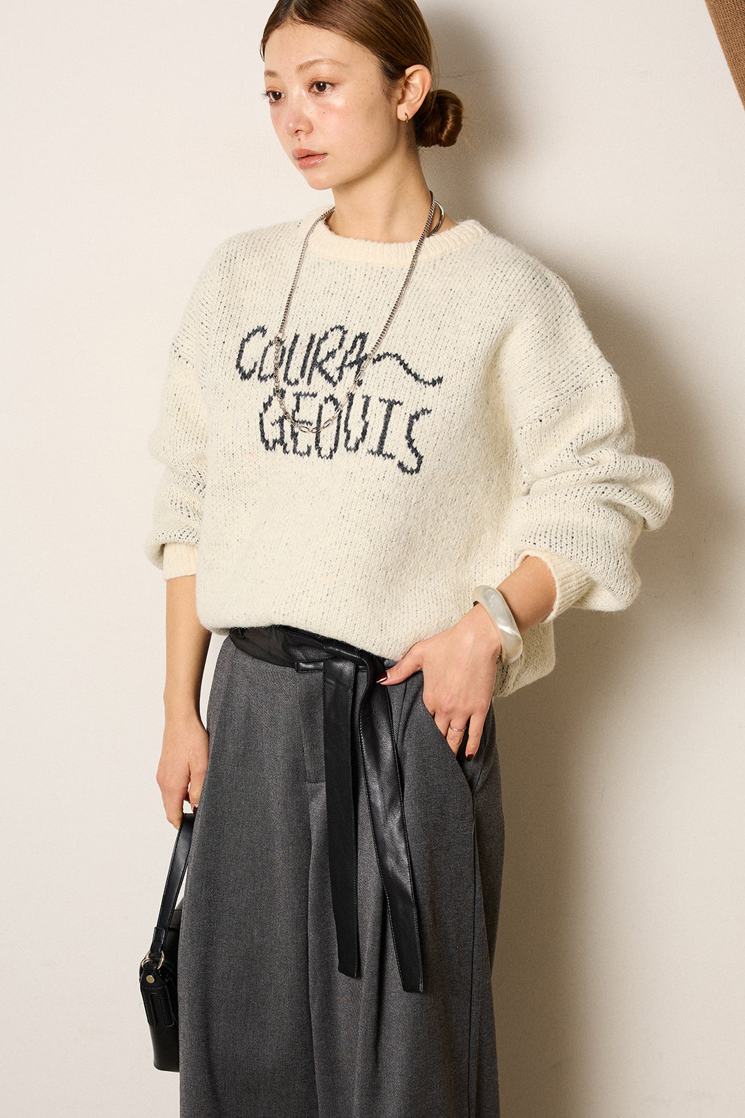 [SET]ロゴシャギーニットプルオーバー+巻ベルトウエストレザーライクワイドパンツ(2set)