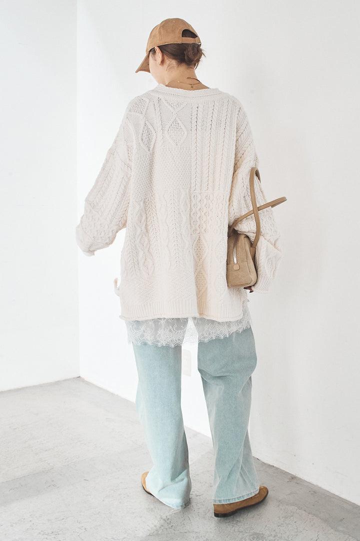 [SET]ケーブルVニットセーター+デニムサイドカットパンツ(2set)