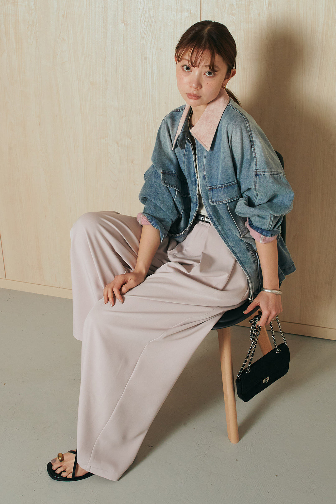 [SET]襟付き配色デニムブルゾン+ビックベルトループタックベルト付きワイドパンツ(2set)