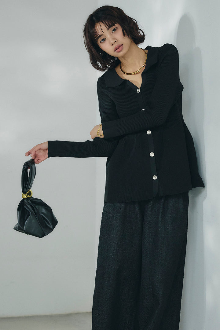 [SET]スキッパーペプラムニット+デニムライクヘリンボーンタックパンツ(2set)