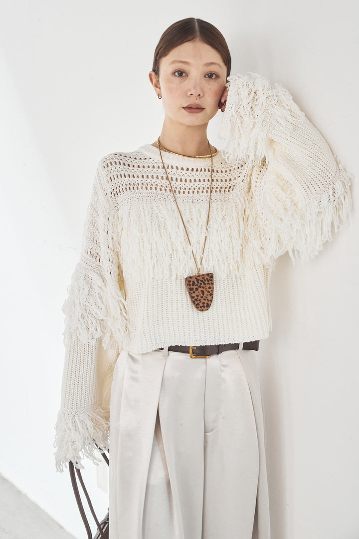 [SET]メッシュフリンジ切り替えプルオーバー+サテンタックワイドパンツ(2set)