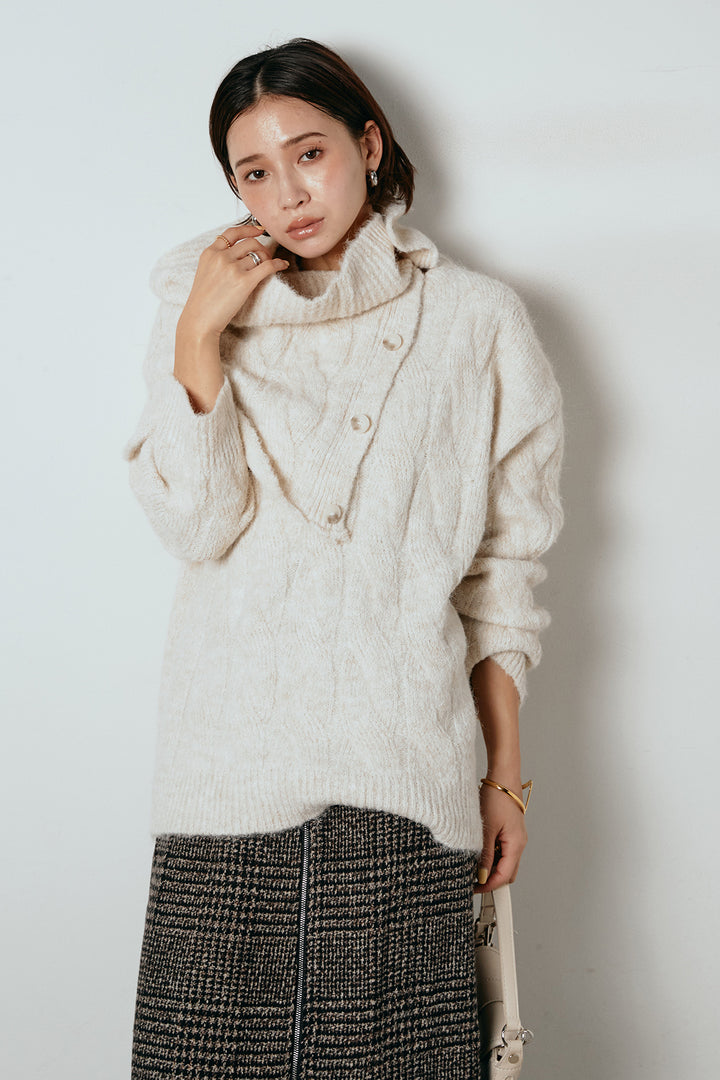 [SET]ケープデザインケーブルニットトップス+グレンチェック柄フロントジップタイトスカート(2set)