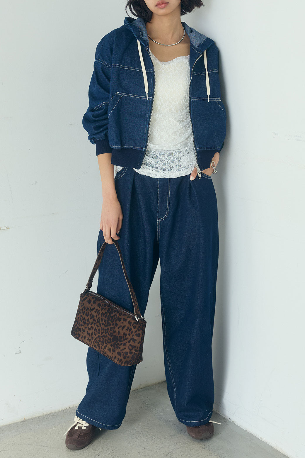 [SET]デニムダブルジップパーカーブルゾン+デニムタックカーブパンツ(2set)