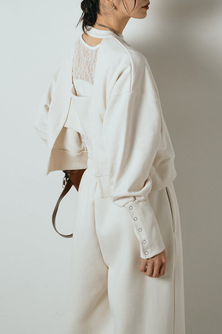 [SET]裏毛バックオープンプルオーバー+ストレッチレースクルーネックインナー+裏起毛スウェットワイドパンツ(3set)