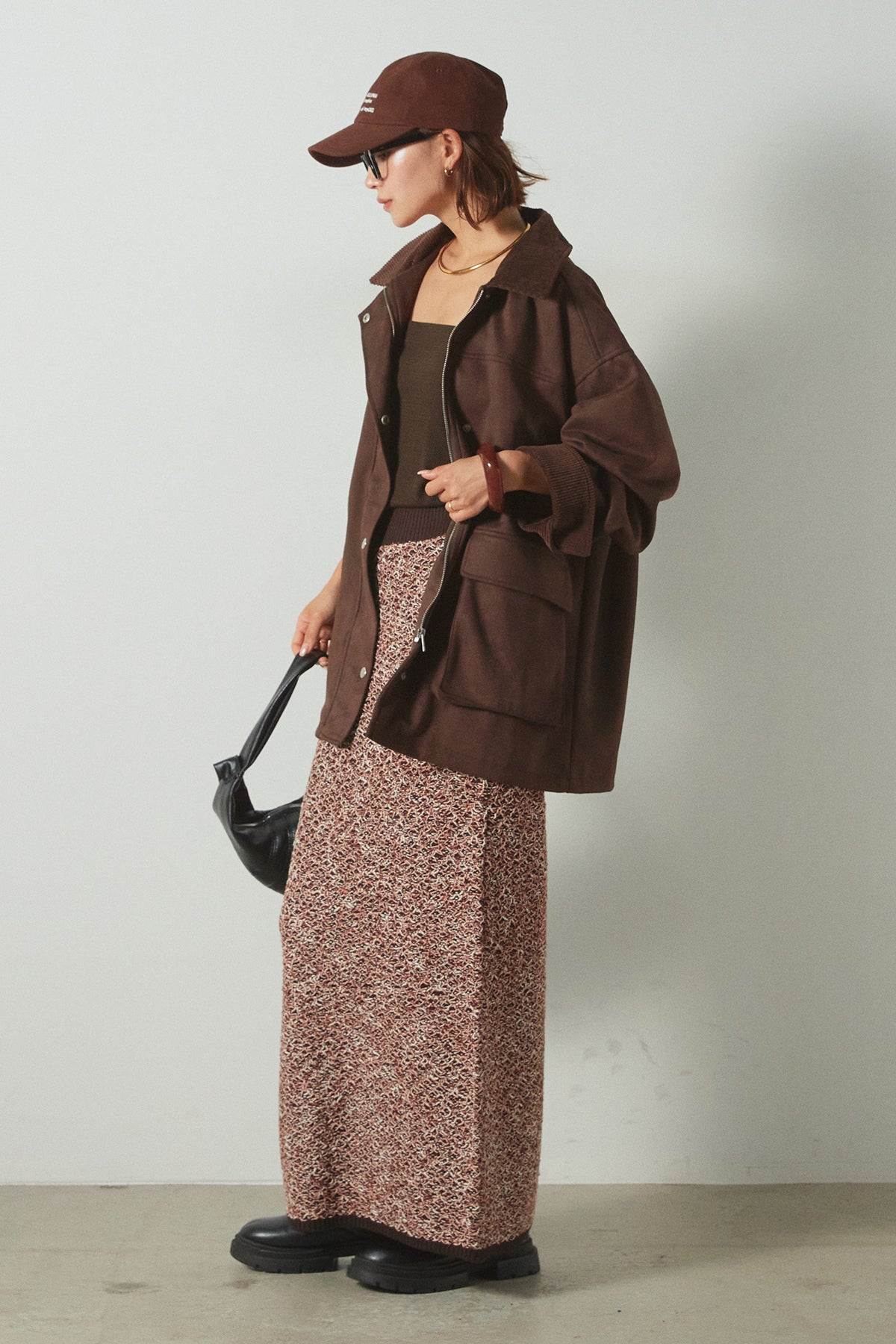 SET]襟コーデュロイフェイクスエードジャケット+ミックスニットワイド