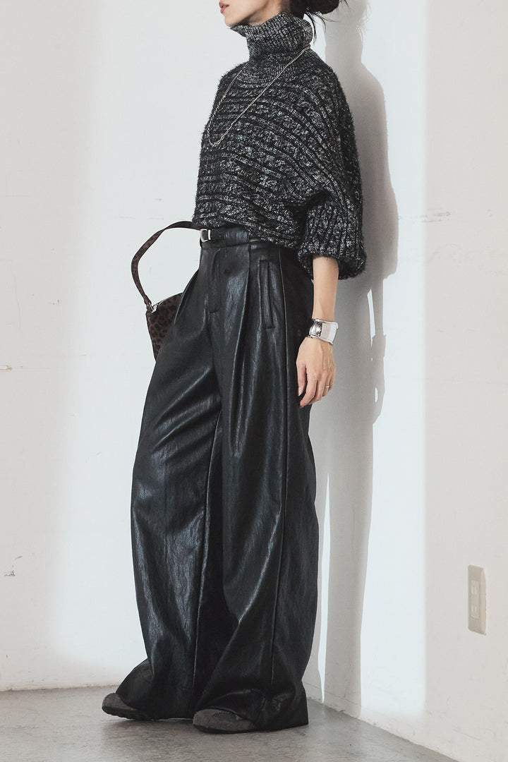 [SET]ミックス編みドルマンニットトップス+ベルト付きレザーライクタックパンツ(2set)