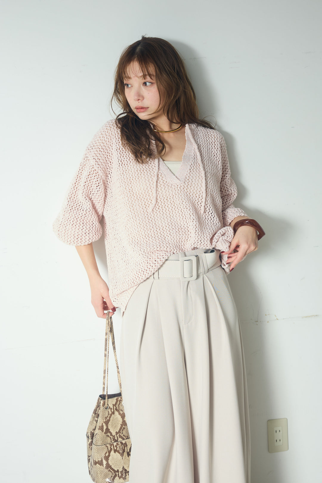 【即納】ミックスメッシュキーネックプルオーバー