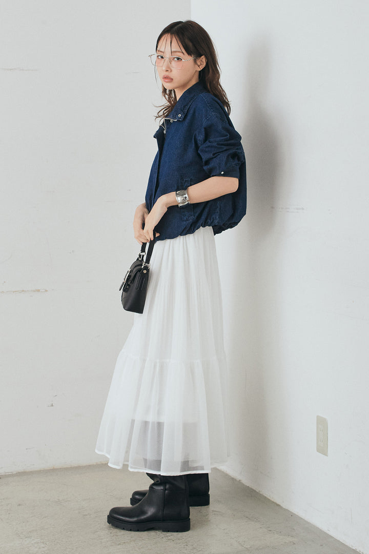 [SET]スタンドカラーデニムブルゾンジャケット+ボリュームシルエットチュールスカート(2set)