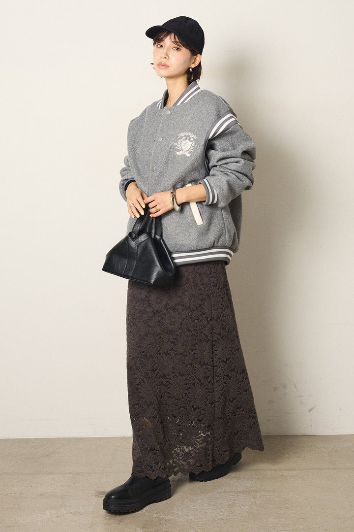 [SET]ワンポイントデザインブルゾン+花柄刺繍ベロアフレアスカート(2set)