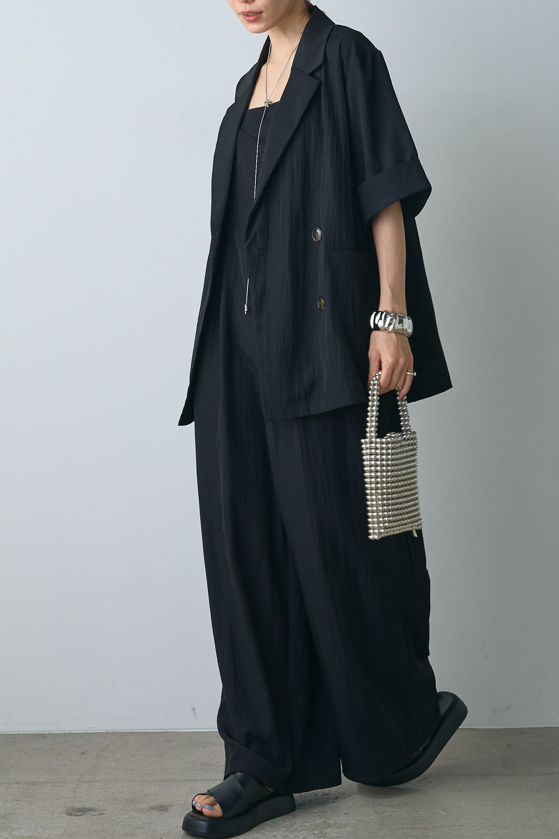 esica】リネンライク半袖ダブルジャケット+リネンライクビスチェ