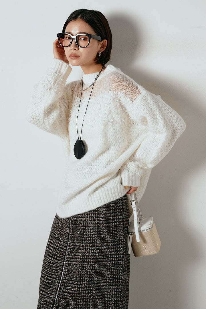 [SET]パターンランダム編みニットトップス+グレンチェック柄フロントジップタイトスカート(2set)