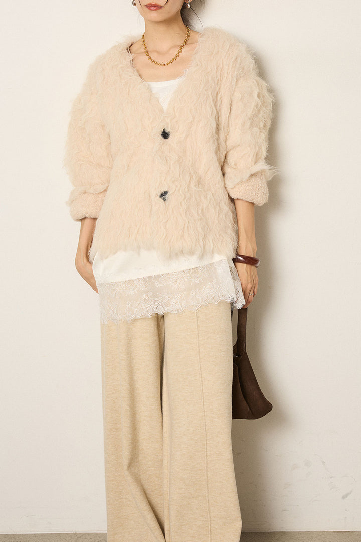 [SET]起毛シャギーニットカーディガン+レース切り替えキャミソール(2set)