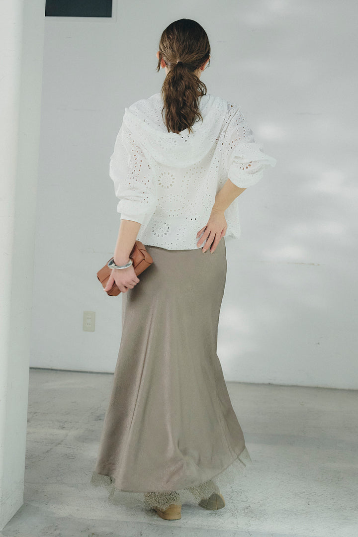 [SET]レースハーフジップアップフーディー+バイアスナローサテンスカート(2set)