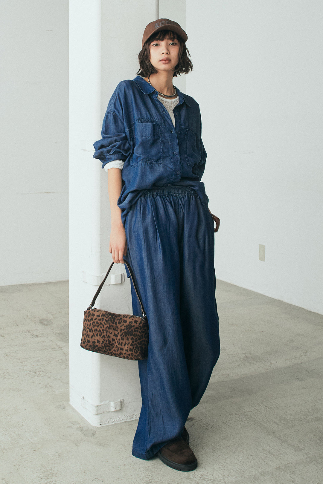 [SET]テンセルデニムシャツ+テンセルデニムイージーワイドパンツ+ストレッチレースクルーネックインナー(3set)