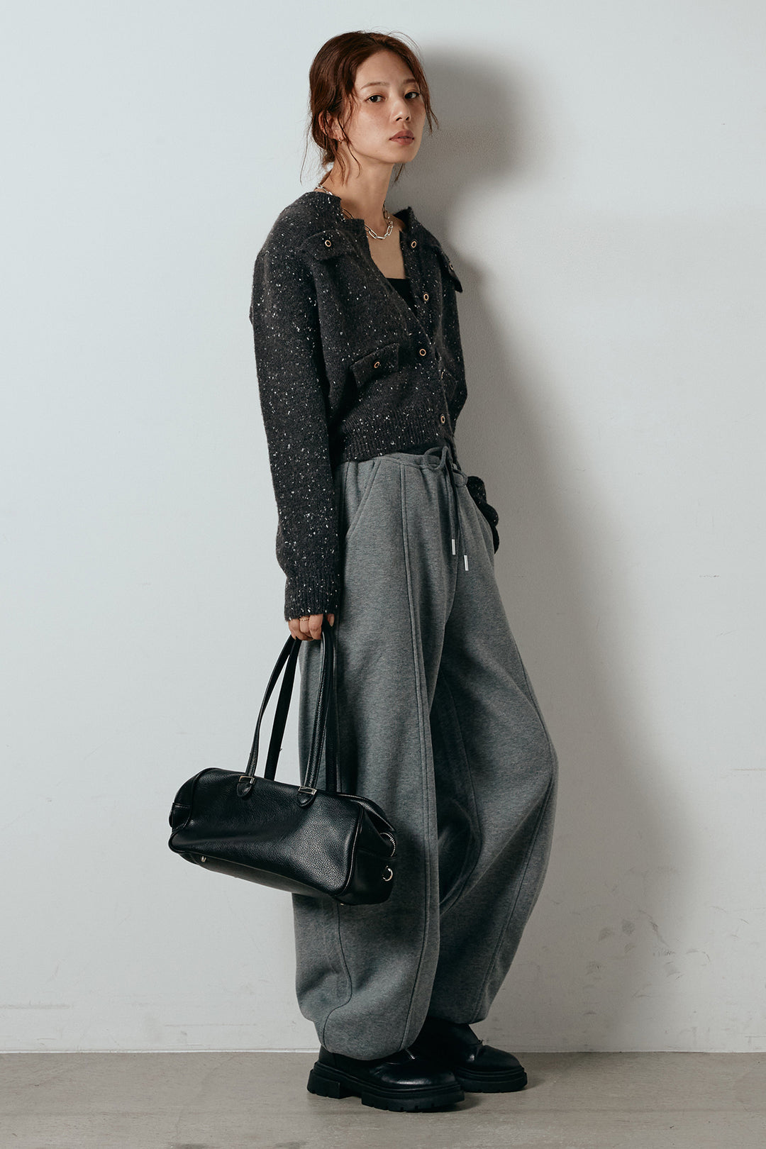 [SET]ネップニットカーディガン+スウェットワイドカーブパンツ(2set)