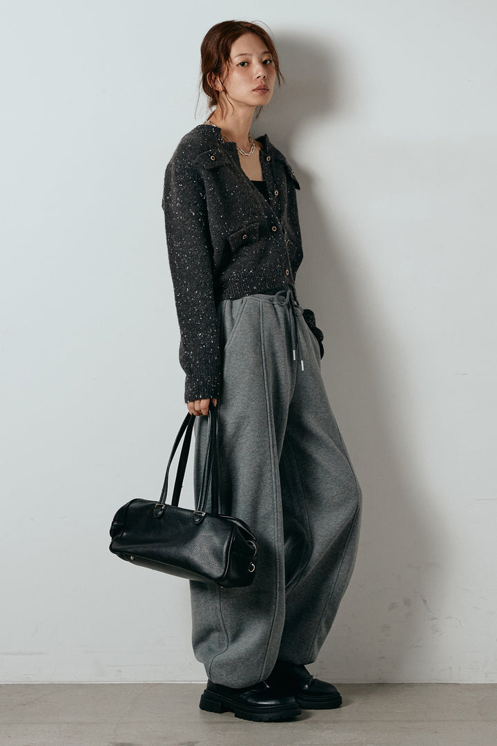 [SET]ネップニットカーディガン+スウェットワイドカーブパンツ(2set)