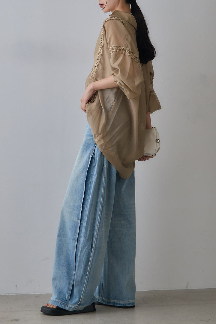 [SET]襟付き深Vネック刺繍シアーシャツ+ストレートデニムパンツ(2set)