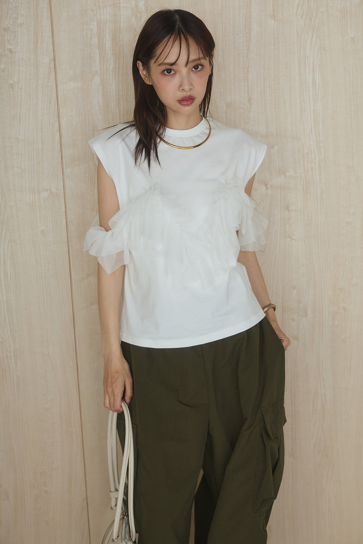 [SET]チュールフリルフレンチTシャツ+ルーズカーゴワイドパンツ(2set)